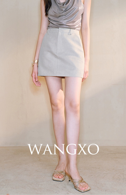 WANGXO Linen Luster Set Light-Luxury Collarless Suit & Micro A-Skirt Old Money Style- LYRAH