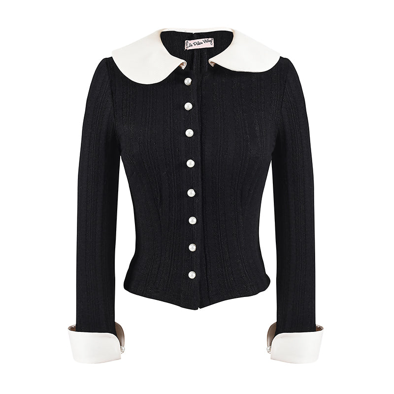 Le Palais Vintage Elegant Black and White Round Neck Cardigan High Waist Pencil Office Skirt-Ivy