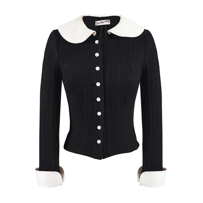 Le Palais Vintage Elegant Black and White Round Neck Cardigan High Waist Pencil Office Skirt-Ivy