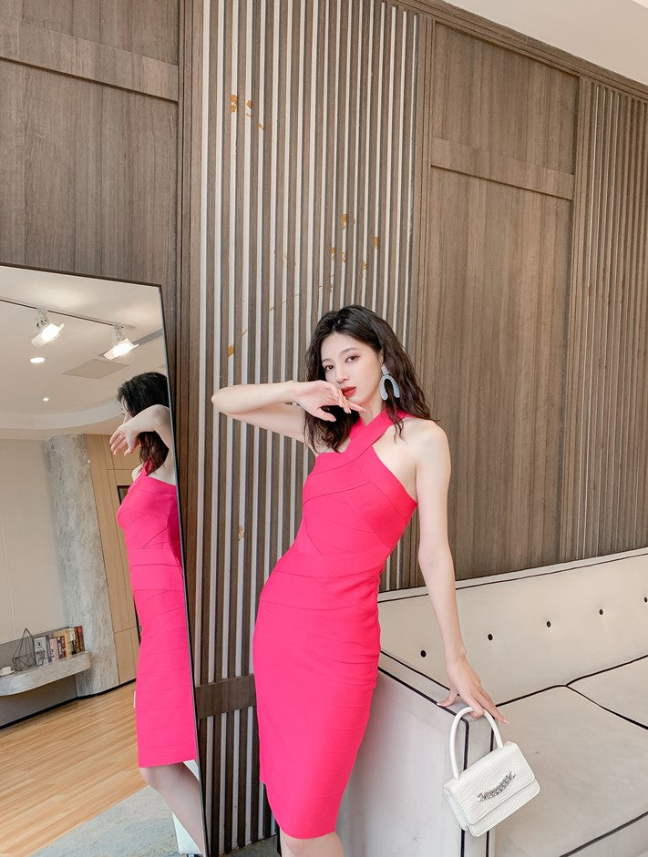 DOLLY Luxury Pink Sleeveless Halter Neck Body Hug Midi Dinner Date Dress-KRASS