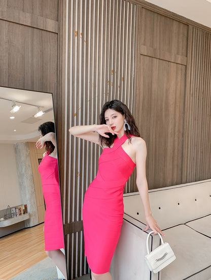 DOLLY Luxury Pink Sleeveless Halter Neck Body Hug Midi Dinner Date Dress-KRASS