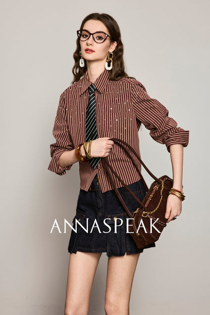ANNASPEAK striped long staple cotton truncated shirt-QUEN.