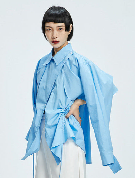 TINY IN  two irregular drawstrings waist cinching blue white shirts-DANTE