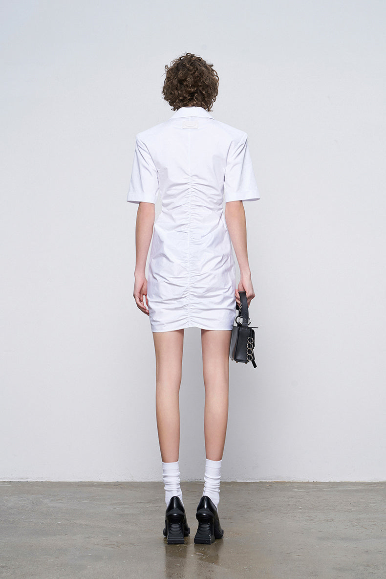 ANNAKIK Black and white pleated waist V-neck dress-FANSIA