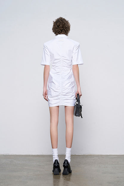 ANNAKIK Black and white pleated waist V-neck dress-FANSIA