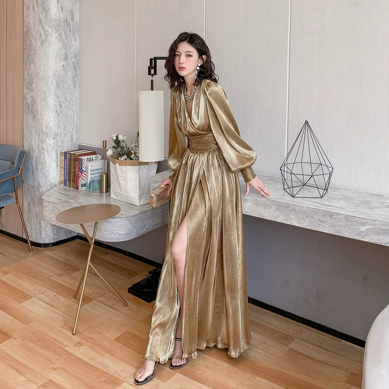 DOLLY Elegant Peach V-Neck Long Puff Sleeve High Waist Long Flowing Guest Dress-BESTY