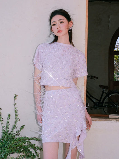Wardrobes by Chen Elegant Short Sleeve Diamond Feather Top/Short Skirt- Milo