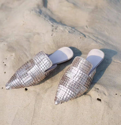B-FEI Woven fabric pointed toe flat mules- POMI.