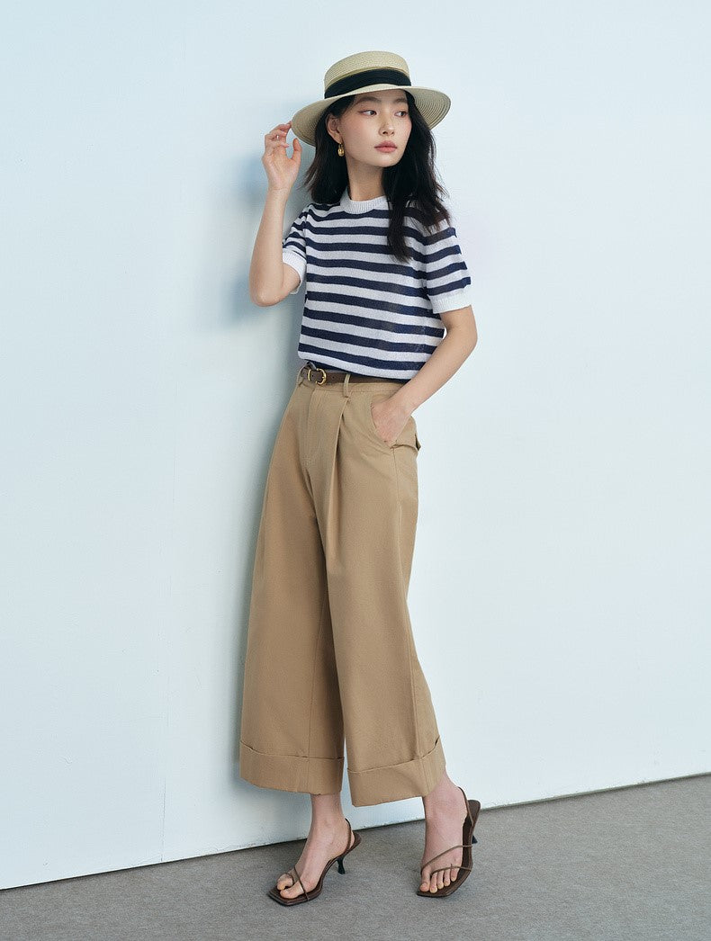 SUSHE light hollow texture striped short-sleeved knit sweater new stretch loose top -BESS