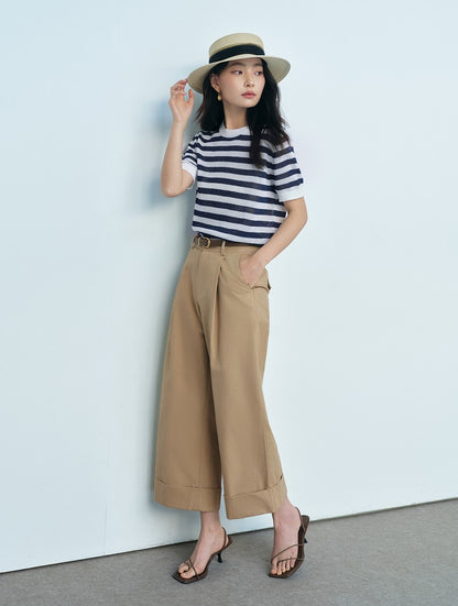 SUSHE light hollow texture striped short-sleeved knit sweater new stretch loose top -BESS