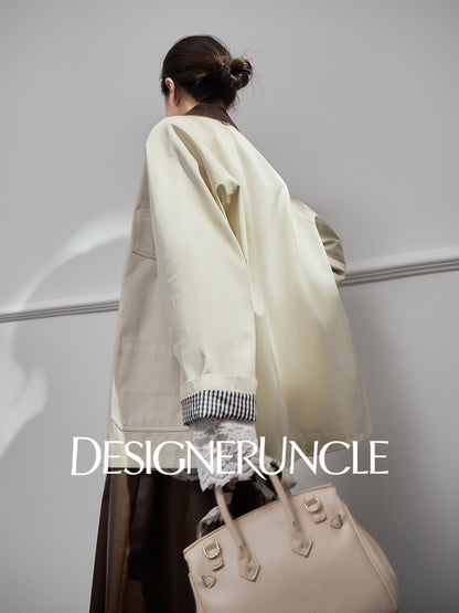 DGU| Off-white trench niche design plaid patchwork lapel long-sleeved jacket - PRAISES.