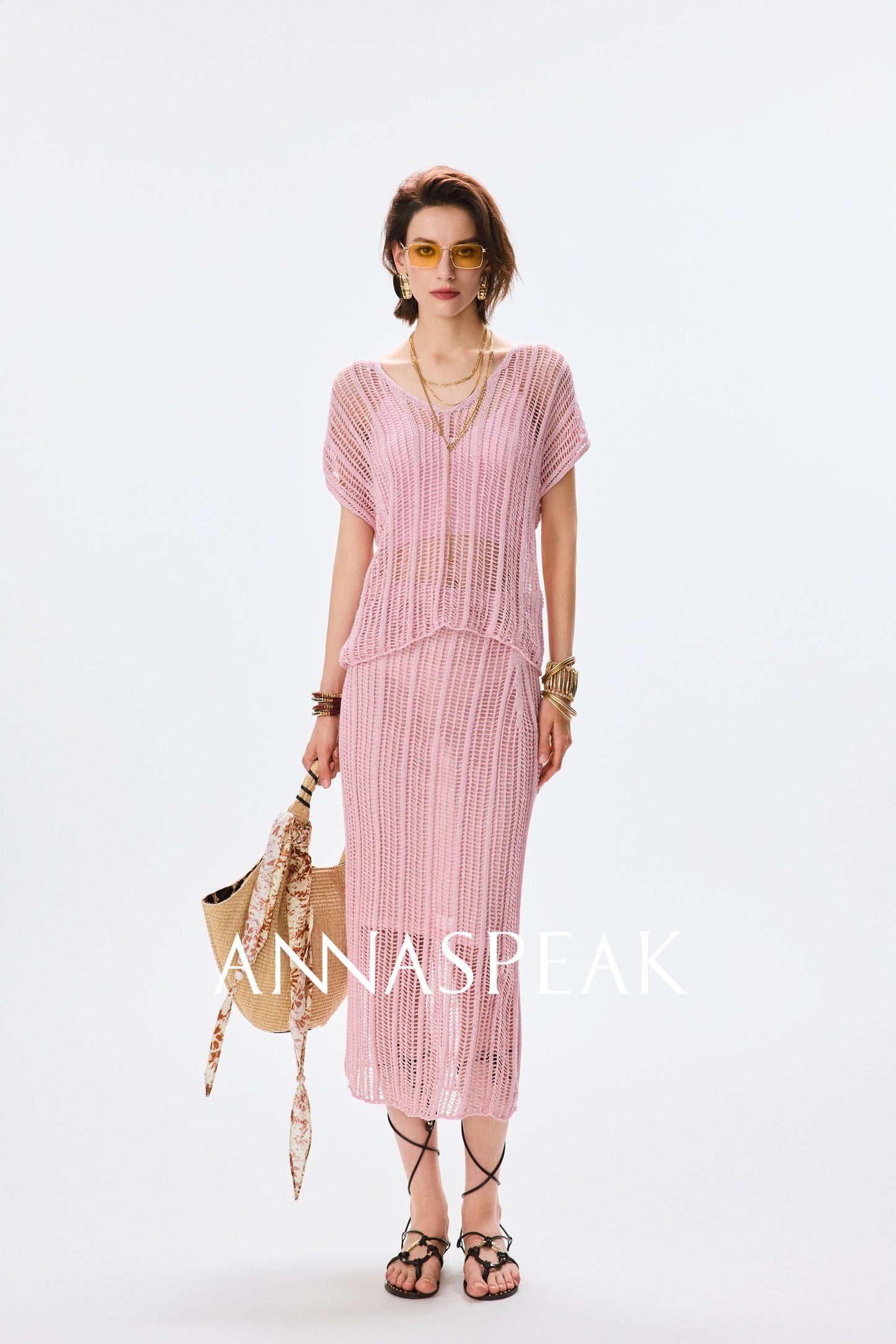 ANNASPEAK Lightweight and breathable cut-out fine glitter top skirt set summer-TOSE.