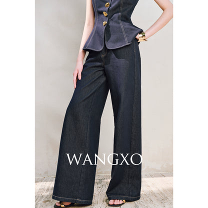 WANGXO | Light-Breathing Tencel Cotton Custom Metal Buckle Vest & Wide-Leg Pants Retro Denim Suit-YARA