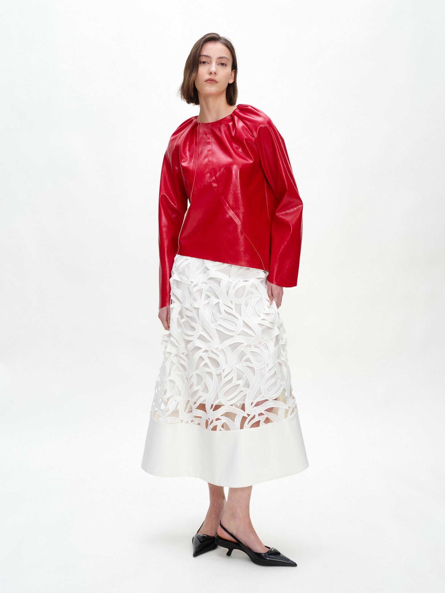 SERRER Red long sleeved leather shirred asymmetrical top - KOFI.
