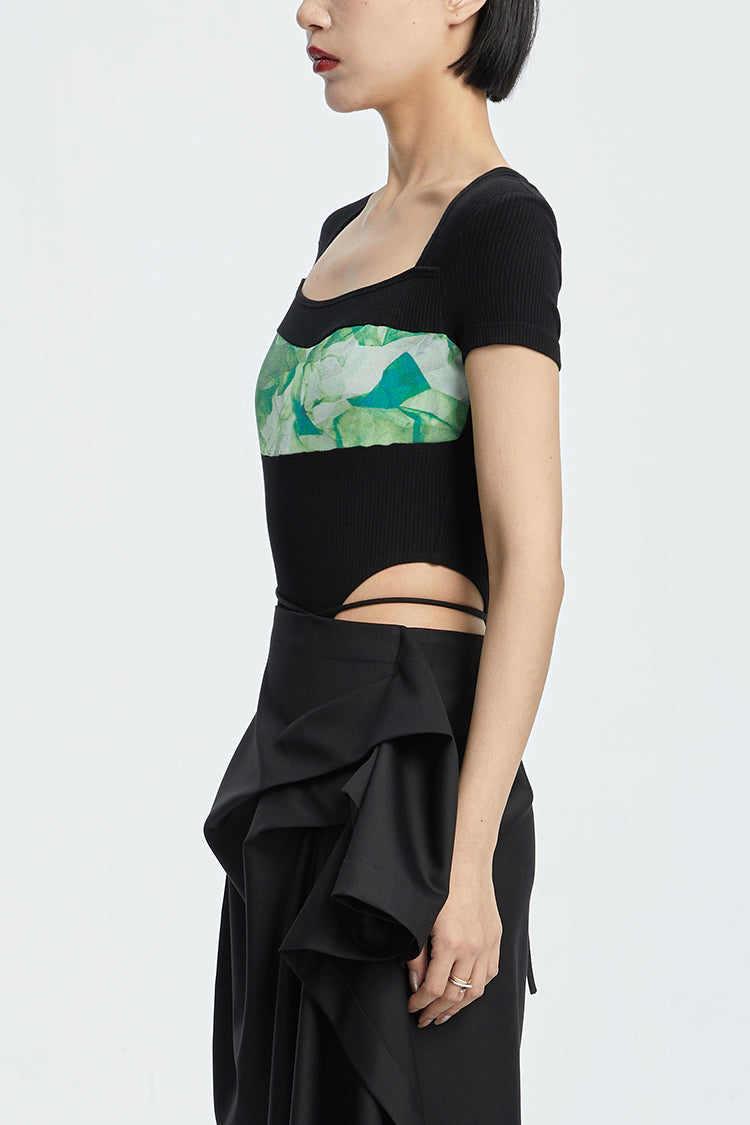 Tiny in printed bodysuit women's short sleeve black leotard-OSCAR