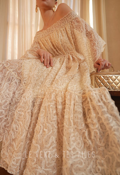 LE VENT&TES AILES Luxury off-Shoulder Lace Jacquard 3d Detailing white Dress- ZORA