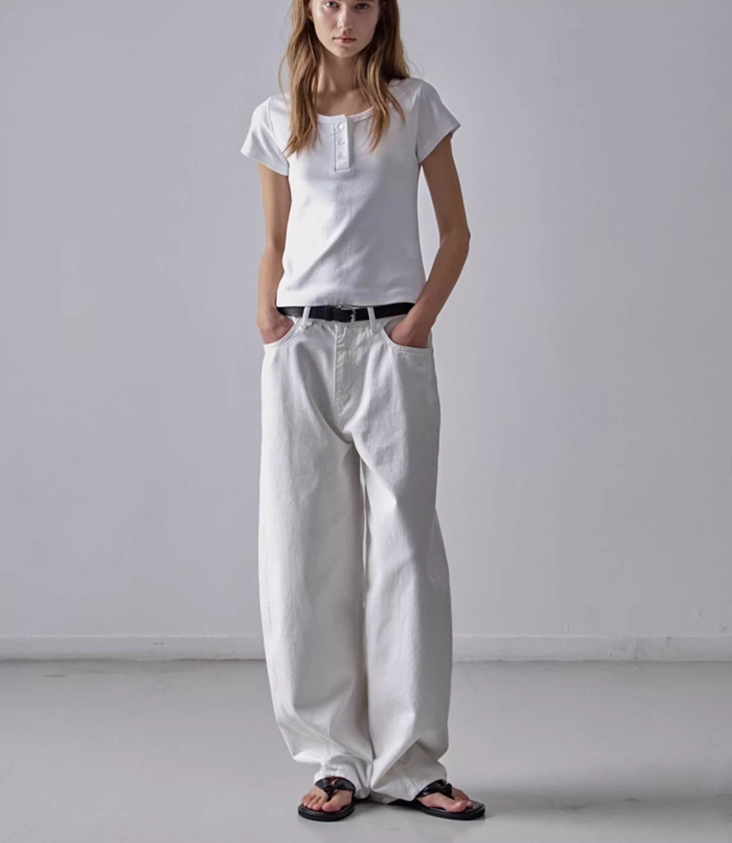 NOTHING WRITTEN facade pattern white jeans high waist commuter straight pants -LILY.
