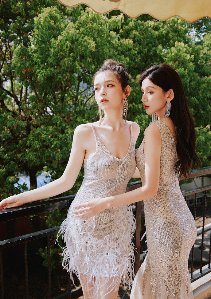 DOLLY Luxury Sliver V-Neck Sleeveless Beaded Sequin Feather Short Dress-JULIA