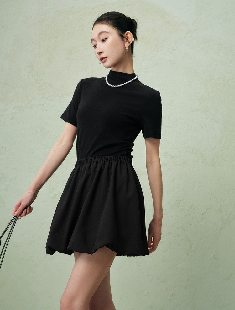 SUSHE three-dimensional flower bud elastic waist short skirt -PEARL