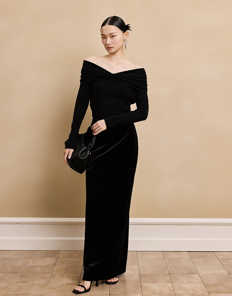 HECO  long-sleeved black red knitwear off-the-shoulder spring - DREAM.