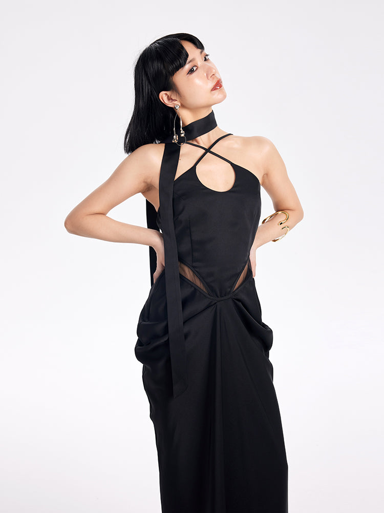 TINY IN satin irregular slip sleeveless hip pleated long dress -KING