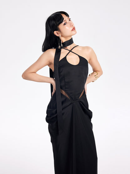 TINY IN satin irregular slip sleeveless hip pleated long dress -KING