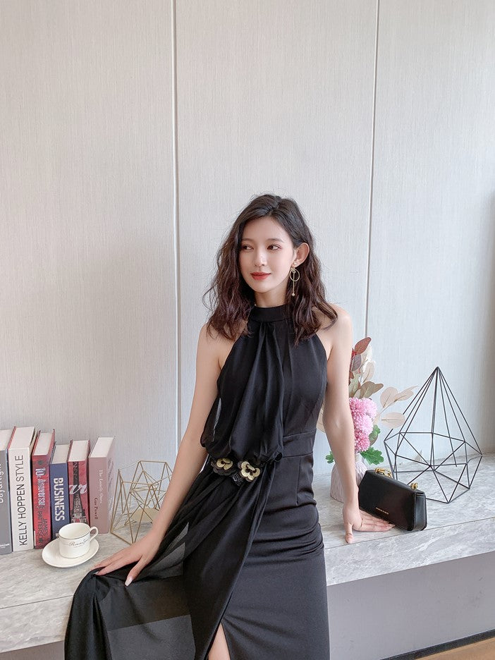 DOLLY Elegant Retro Style Black Sleeveless Halter Neck Long Chiffon Banquet Dress-