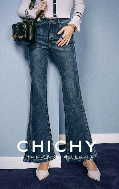 CHICHY High Street Retro Bootcut Blue High-Waisted Length Pants-LEXI