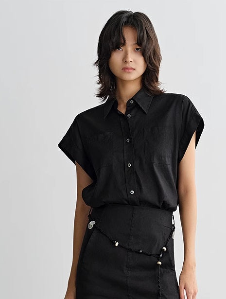 COMME MOI Summer Casual Black Small Cap Sleeve Straight Shirt - SALEM.