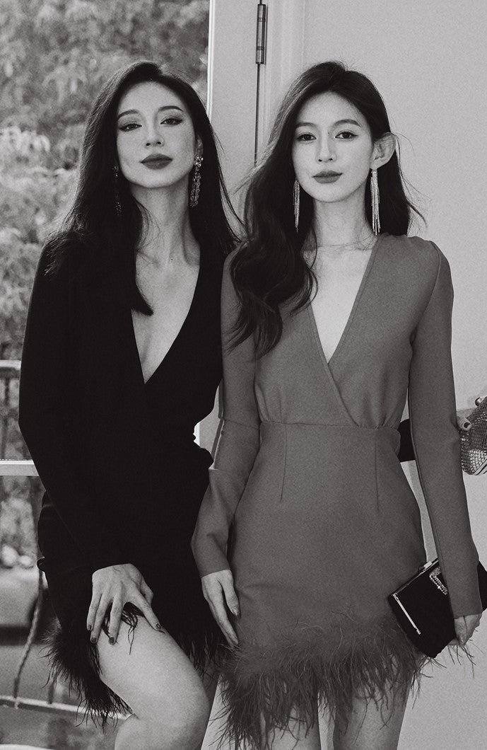 DOLLY Elegant Red/Black Deep V-Neck Long Sleeve Short Feather Date Dress-ARABELLA