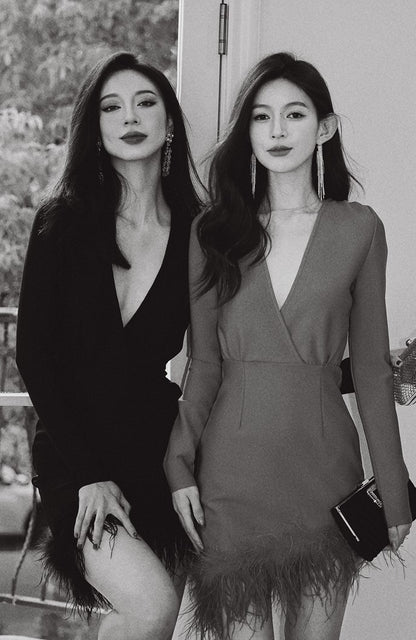 DOLLY Elegant Red/Black Deep V-Neck Long Sleeve Short Feather Date Dress-ARABELLA