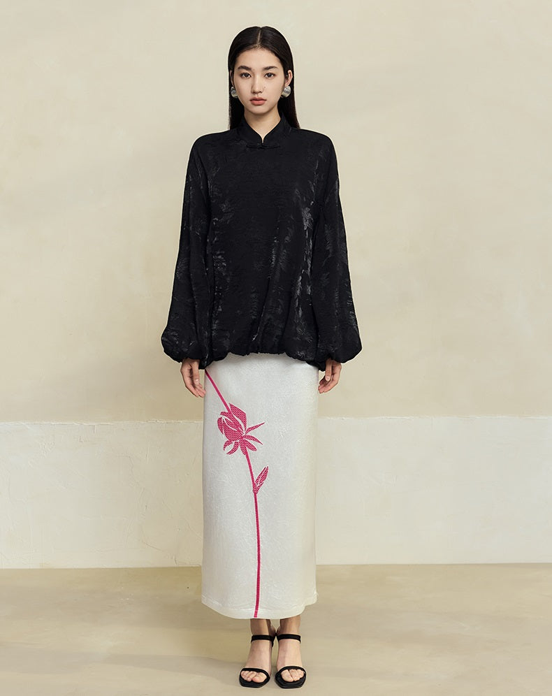 HECO 100% acetate rose embroidery texture black white skirt women - lifted.