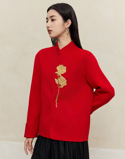 HECO 100% wool Embroidery Red black Short Double-Sided Tweed Jacket Women - out.