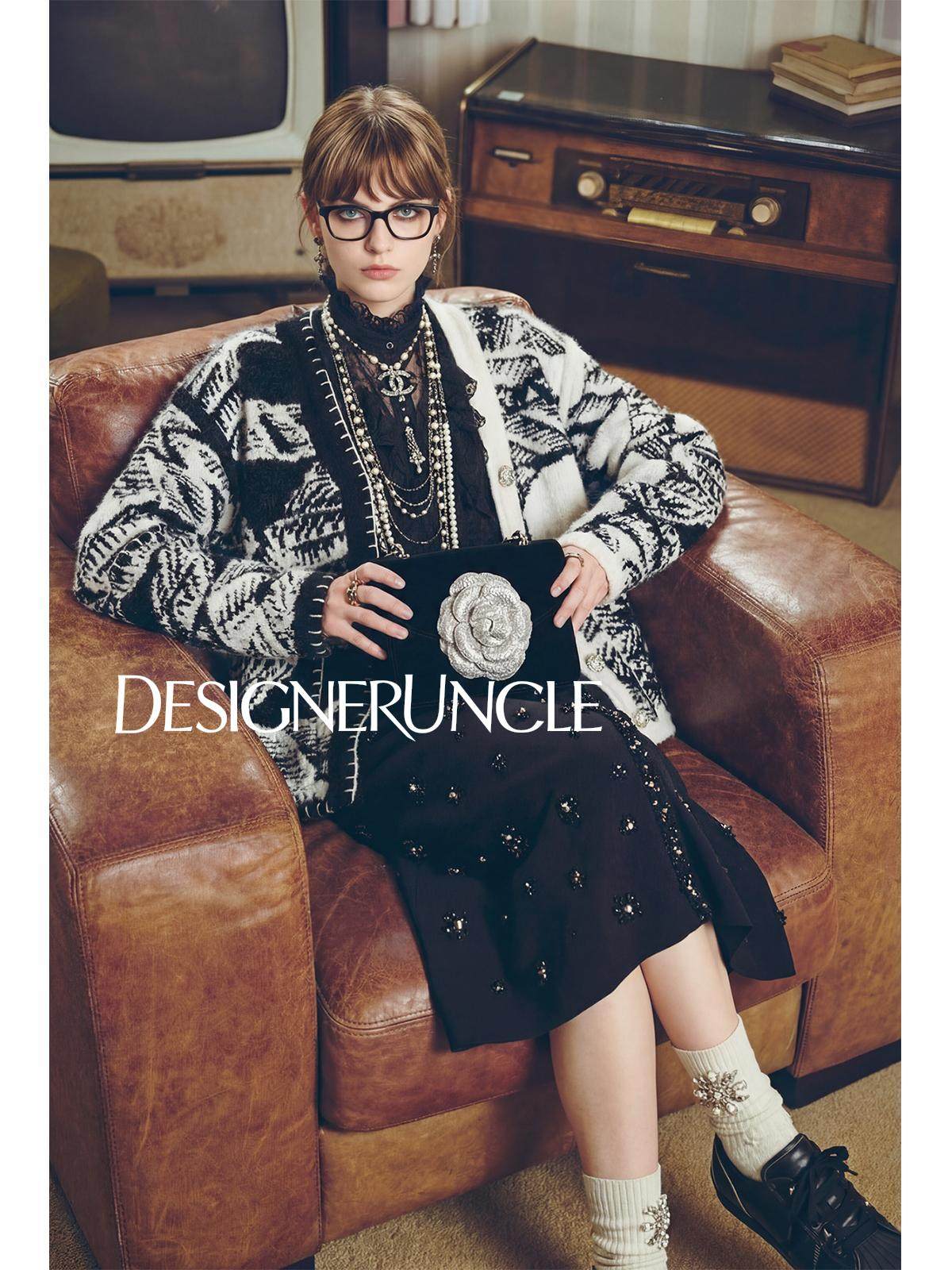 DGU×LAB\ Black Knitted Loose Jacquard V-Neck Stitched Lazy Knitted Jacket - BORD'