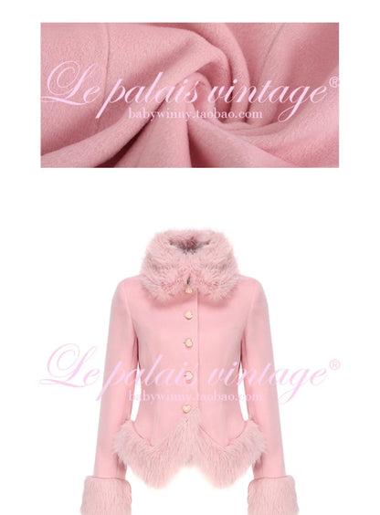 Le Palais Vintage Elegant long sleeve pink fur collar two piece banquet suit- Fave