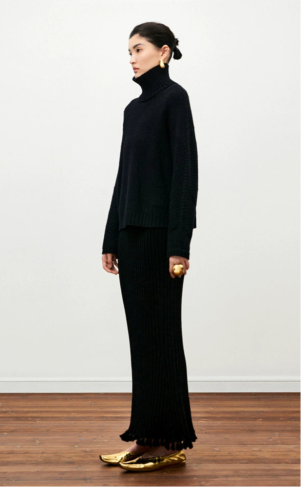 ZHUCHONGYUN sheep wool knitted tassel black textured skirt-NUNA.