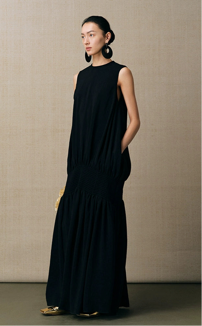 ZHUCHONGYUN new black satin elegant pleated dress--KENZO.