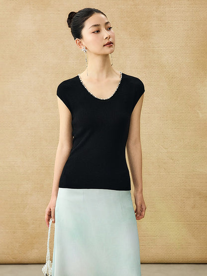 HECO Chinese style U-neck nail bead shoulder wrap small fly sleeve top - ROSE.