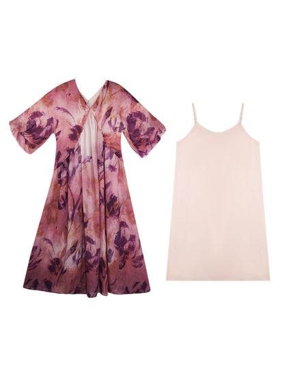 HECO Chinese Silk V-neck Dress Summer Elegant Floral Slim Long dress - GINE .