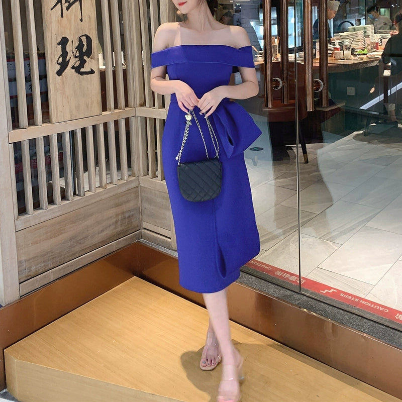 DOLLY Elegant Blue Sleeveless Off Shoulder Chest Wrap Midi Dinner Dress-DARA