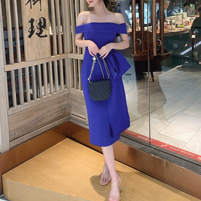 DOLLY Elegant Blue Sleeveless Off Shoulder Chest Wrap Midi Dinner Dress-DARA