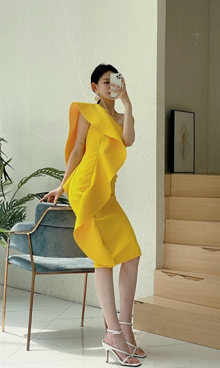 DOLLY Luxury French Style Ruffle One Shoulder Hip Hug Midi Dinner Dress-JEHO