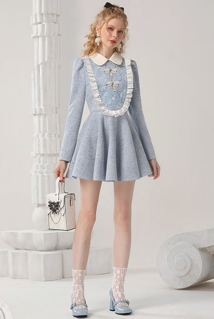 CHECOCRE Elegant Contrasting Lace Short Blue Dress Sweet Doll Collar - PUR
