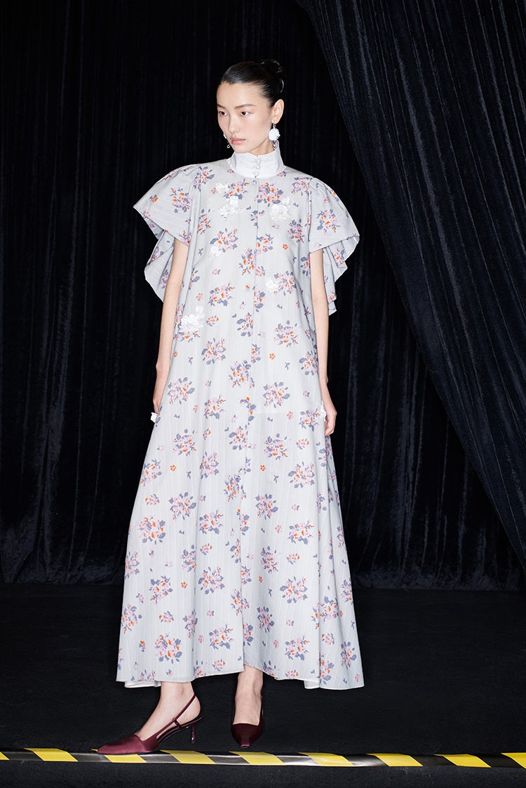 M essential Mackay designer Jinghe Printing floral nail bead puff sleeve dress - HAPPY.