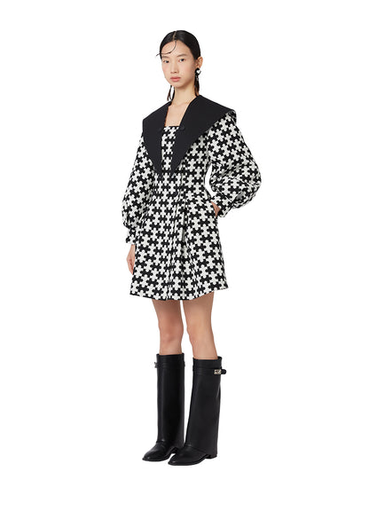 YES BY YESIR high-end black white puzzle  houndstooth large lapel long sleeve dress - Resan