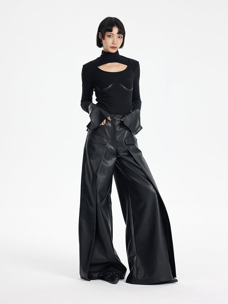 TINY IN black knit PU leather cuff top - SONO.