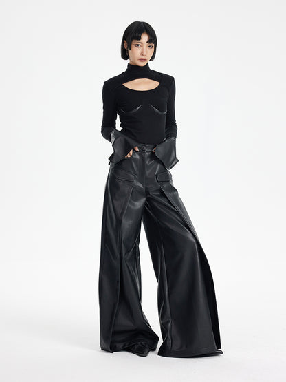 TINY IN black knit PU leather cuff top - SONO.