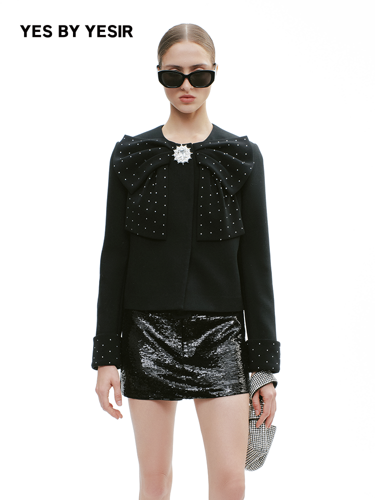 YES BY YESIR Diamond Bow Short Embellished Jacket - FREEZE.