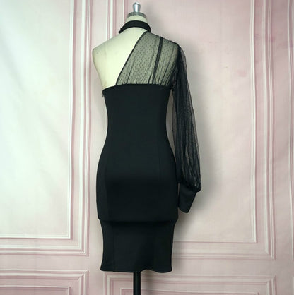 DOLLY Elegant Black One Shoulder Mesh Puff Long Sleeve Slim Fit Dinner Dress-AGNES