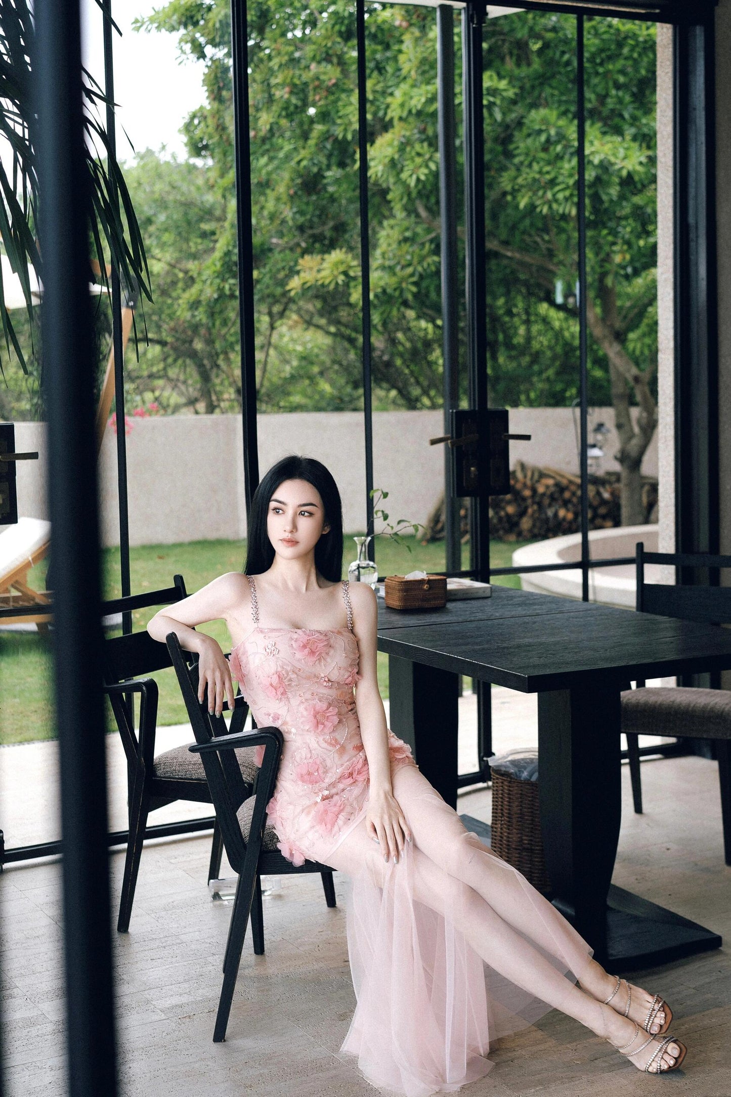 Wardrobes by Chen High End Pink Sleeveless Flower applique Sequin Dress-Bena